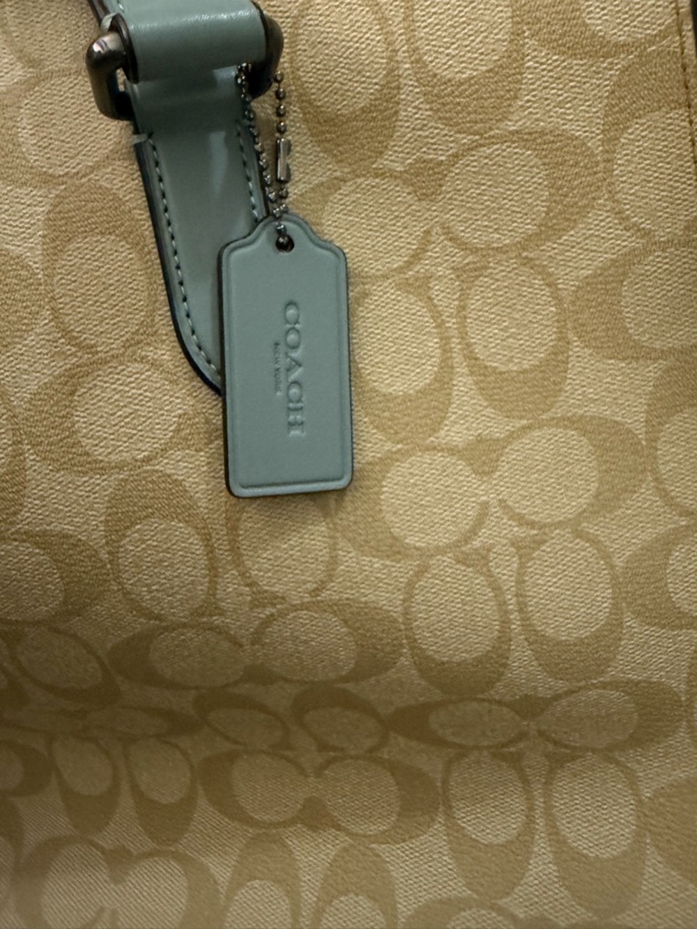 Coach Beige Signature Canvas Tote with Light Blue Trim - Picture 12 of 16